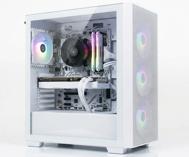 Frugal FX-300 in Ceramic White with three ARGB fans behind a mesh front and a tempered-glass side panel